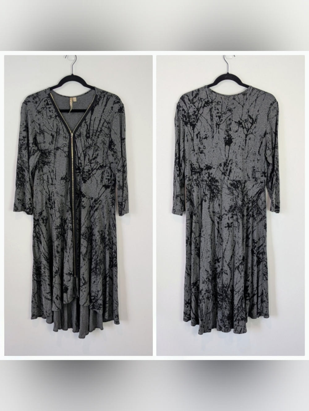 Comfy USA Full Zip Printed Asymmetrical Midi Dress Size L Lagenlook Edgy